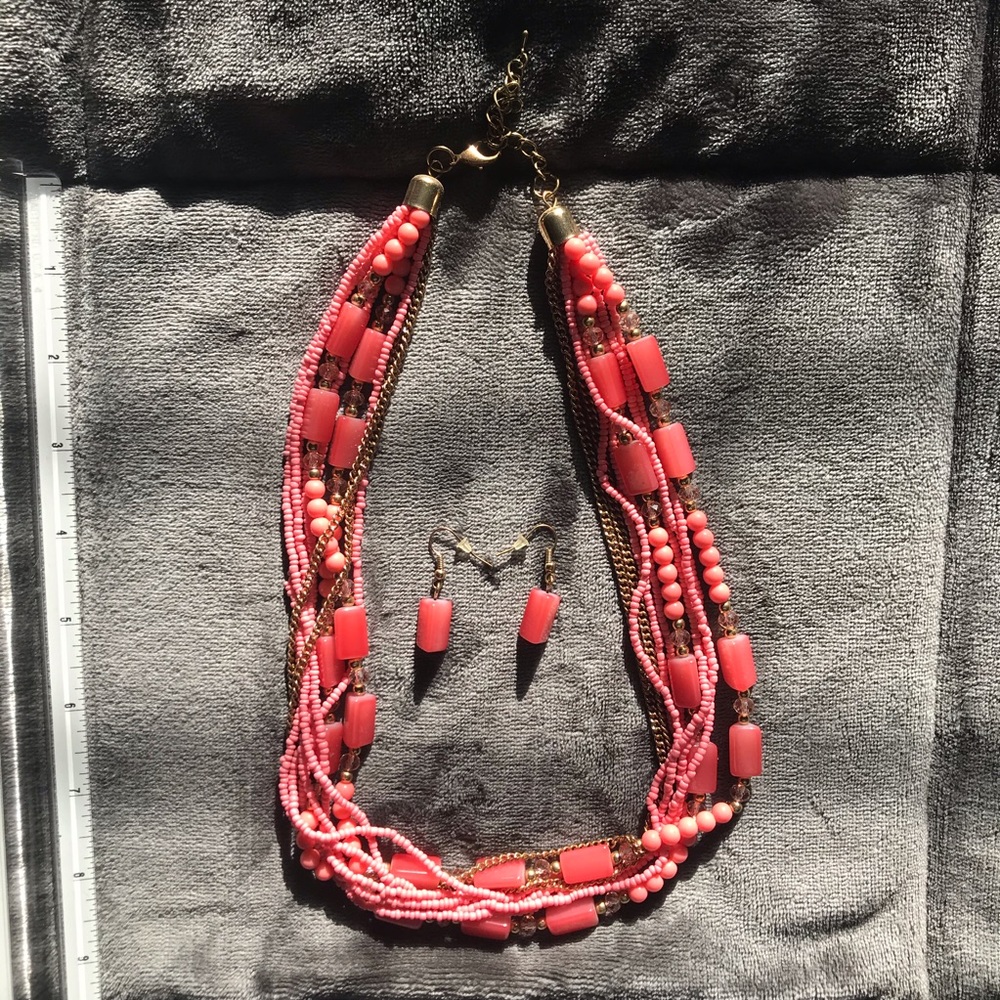 Layered Pink Beaded Necklace and Earrings